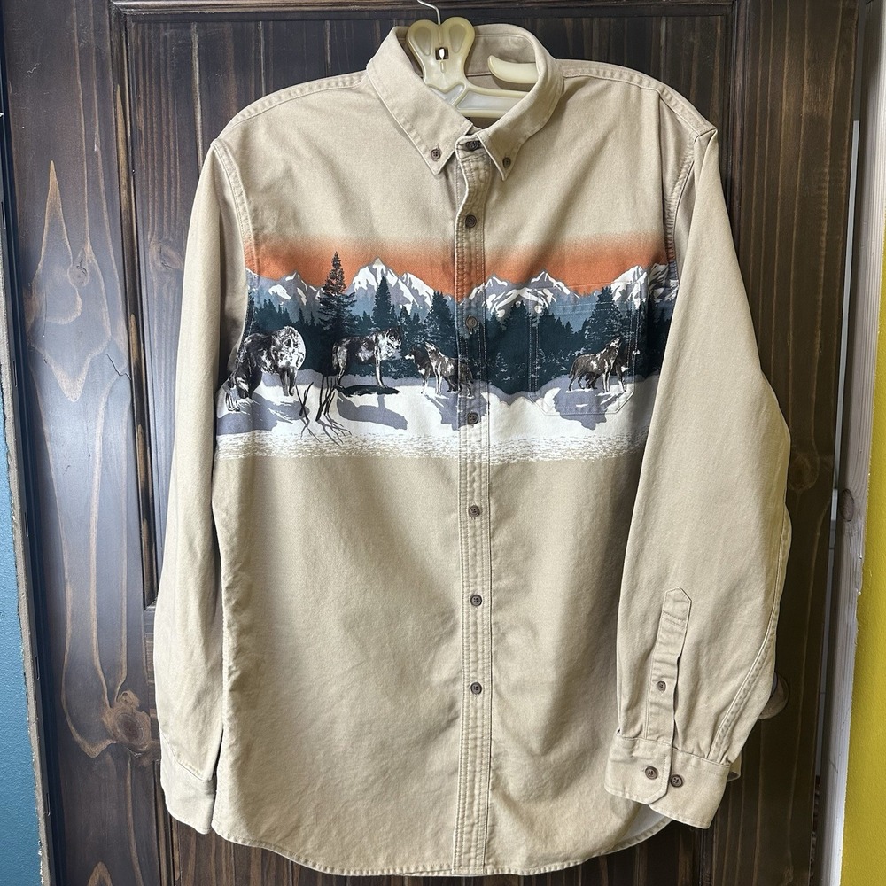 Croft & Barrow Shirt Mens Size L‎ Long Sleeve Button Up Wolf Mountains Outdoor
